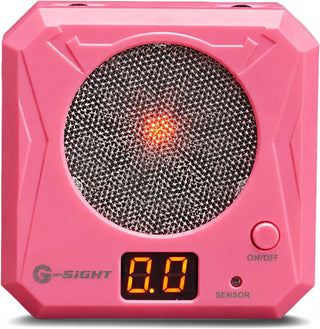 Pink G-SIGHT electronic baby monitor and alarm clock with a digital display showing '0.0' and an orange indicator light, set against a plain white background.